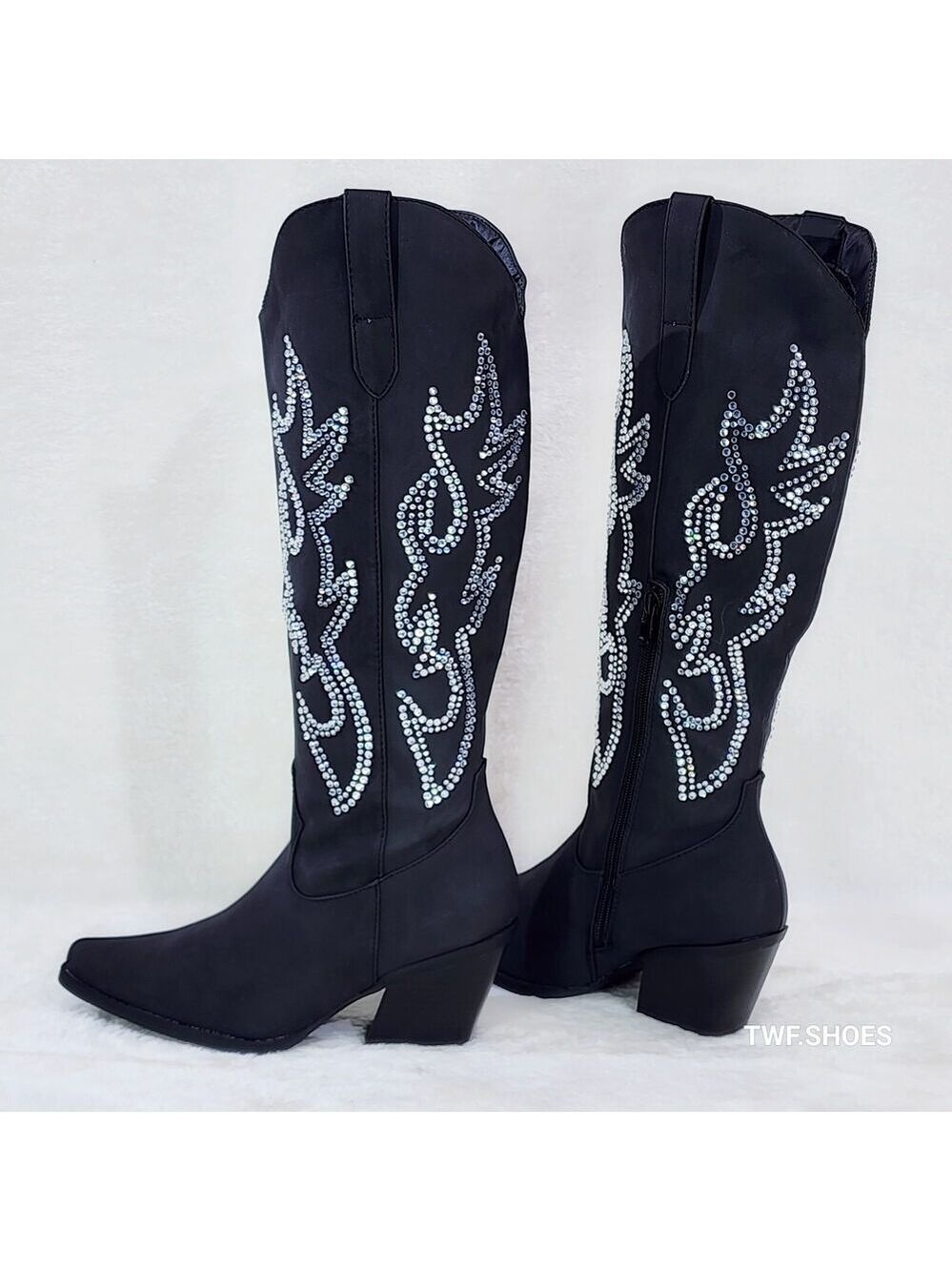NIB Ann Black Leatherette With Rhinestones Country Glam Western Cowgirl Knee Bo - Picture 2 of 6